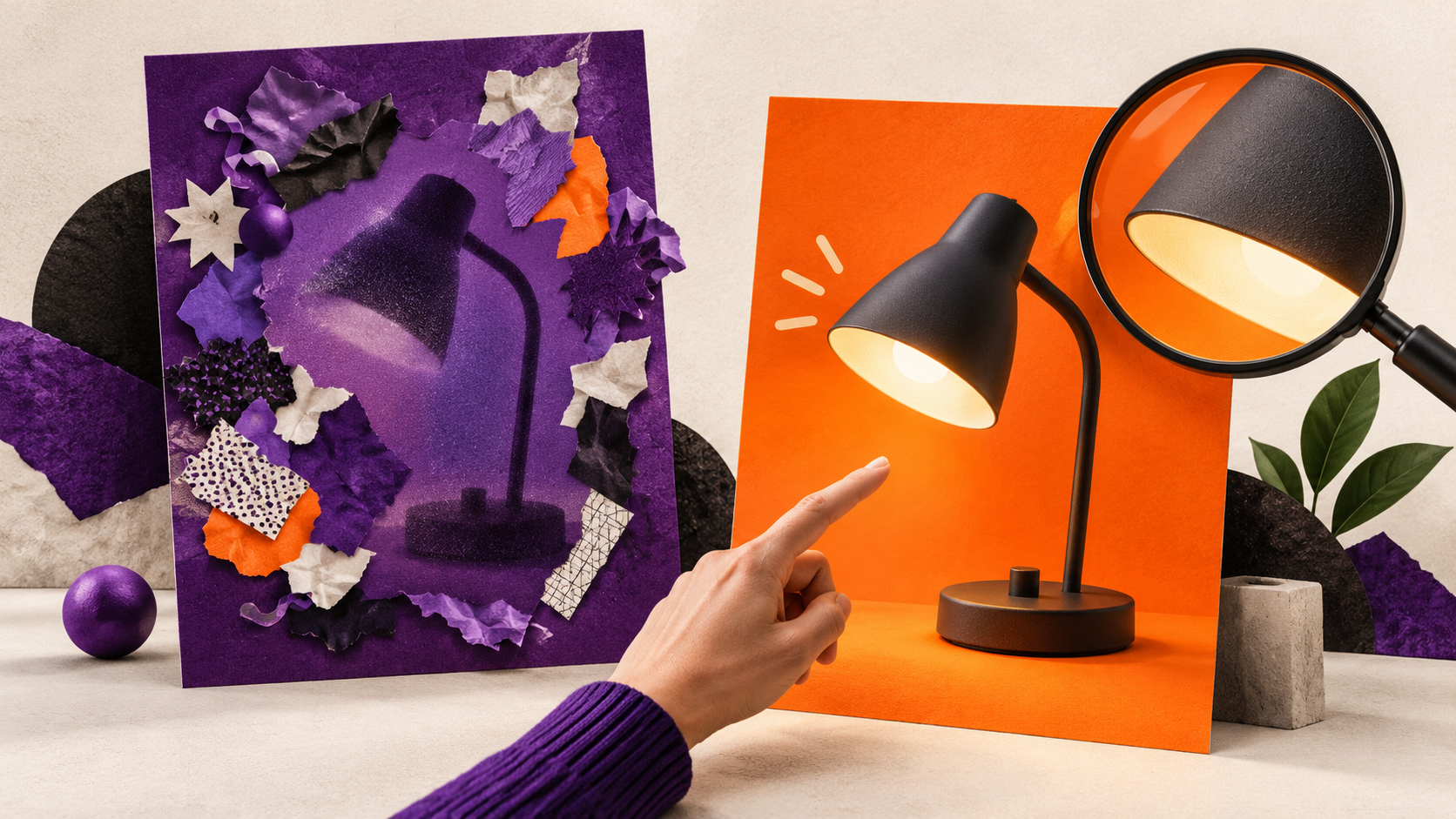 Ilustração editorial de cartões roxo e laranja com uma luminária e uma lupa, representando clareza na apresentação de uma oferta.
