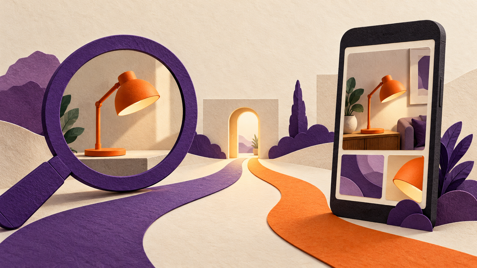 Ilustração de uma lupa roxa e um celular apresentando uma luminária laranja, representando pesquisa e descoberta de produtos.