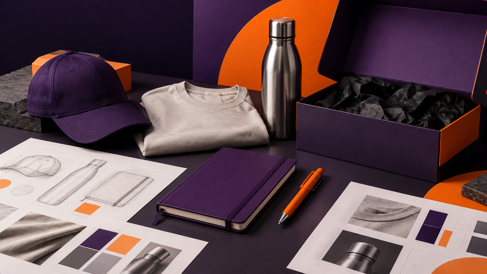 Composição ilustrativa com caderno, boné, camiseta, garrafa e caixa de brindes nas cores roxo e laranja.