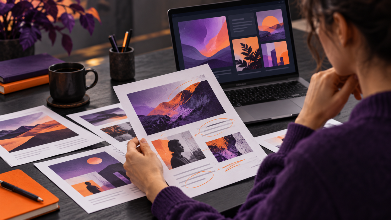 Ilustração de profissional revisando peças de marketing em roxo e laranja, com anotações sobre os rascunhos.