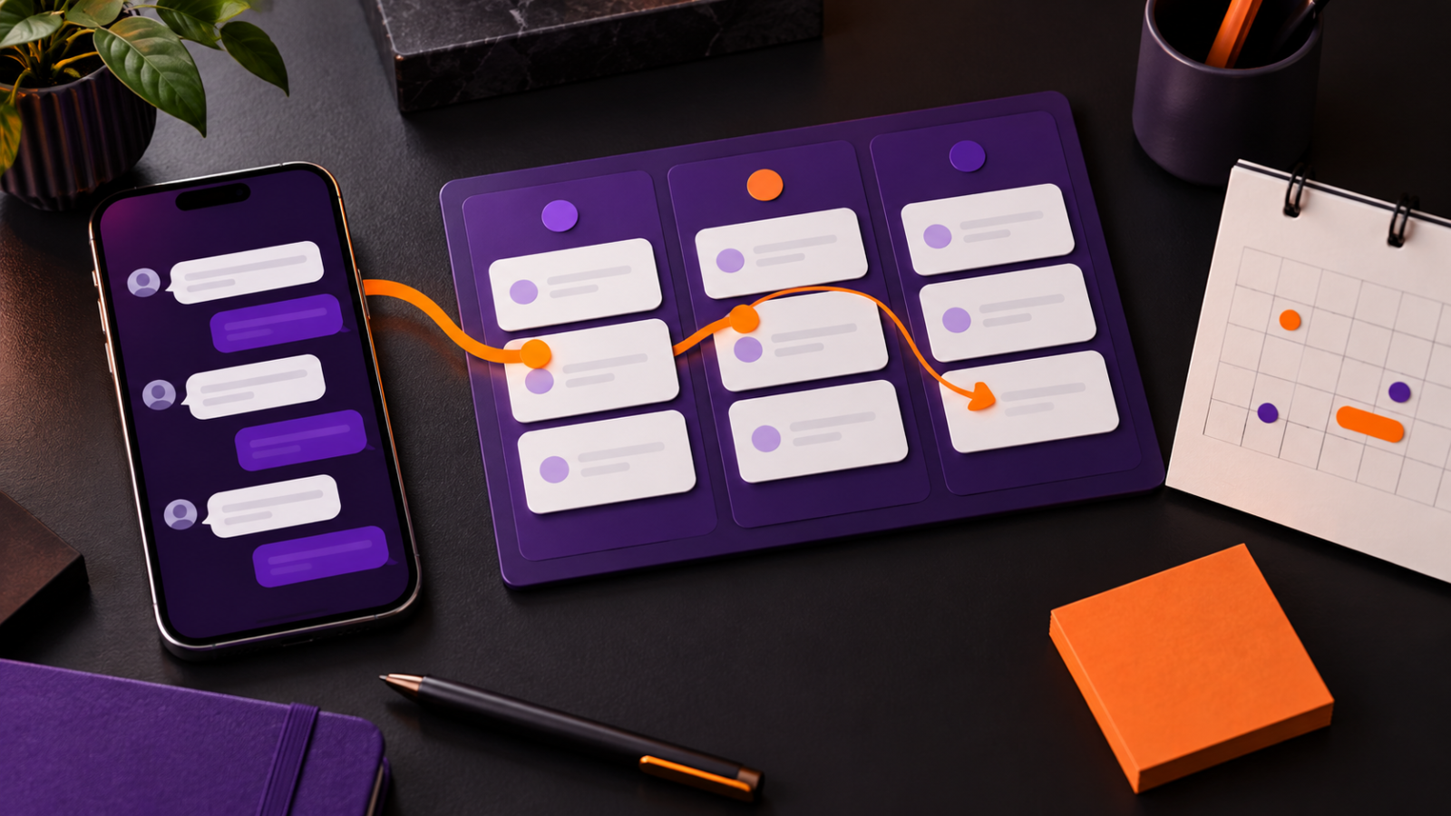 Celular com mensagens conectado a cartões organizados por etapa e calendário de retornos, em roxo e laranja.