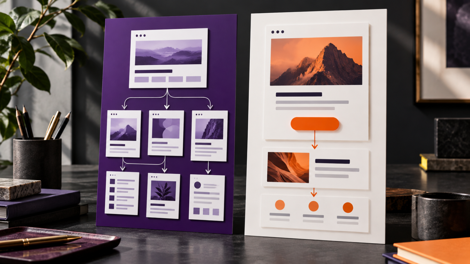 Ilustração de um site com várias páginas e uma landing page com percurso focado, em roxo e laranja.