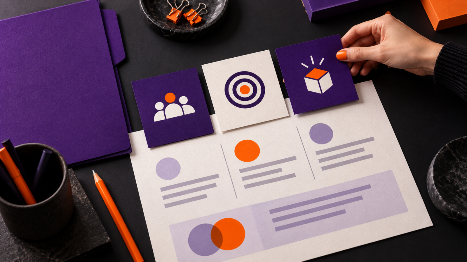 Ilustração de um briefing com cartões de público, objetivo e oferta sobre uma mesa, nas cores roxo e laranja.