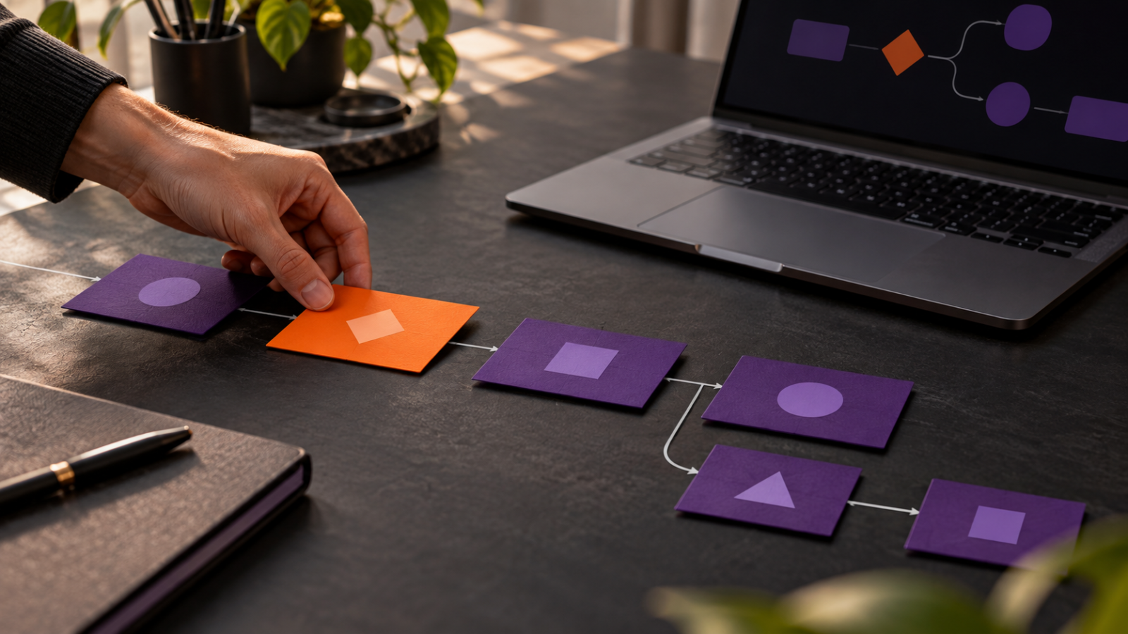 Ilustração de uma mão ajustando cartões de um fluxo comercial em roxo e laranja, com um computador ao fundo.