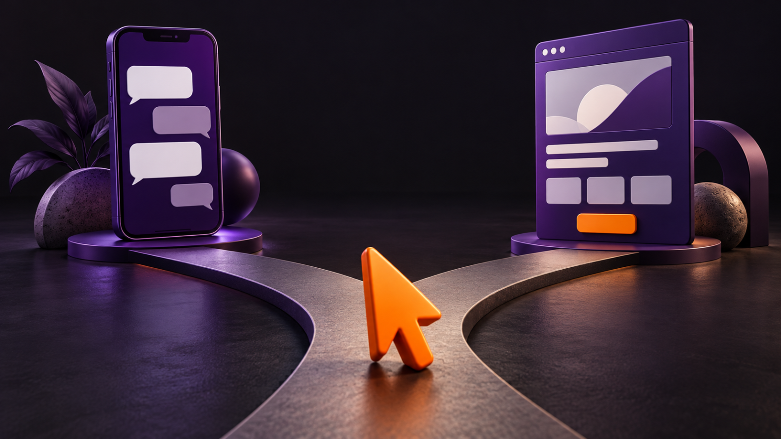 Ilustração de dois caminhos a partir de um cursor: um celular com balões de conversa e um painel de landing page, em roxo e laranja.